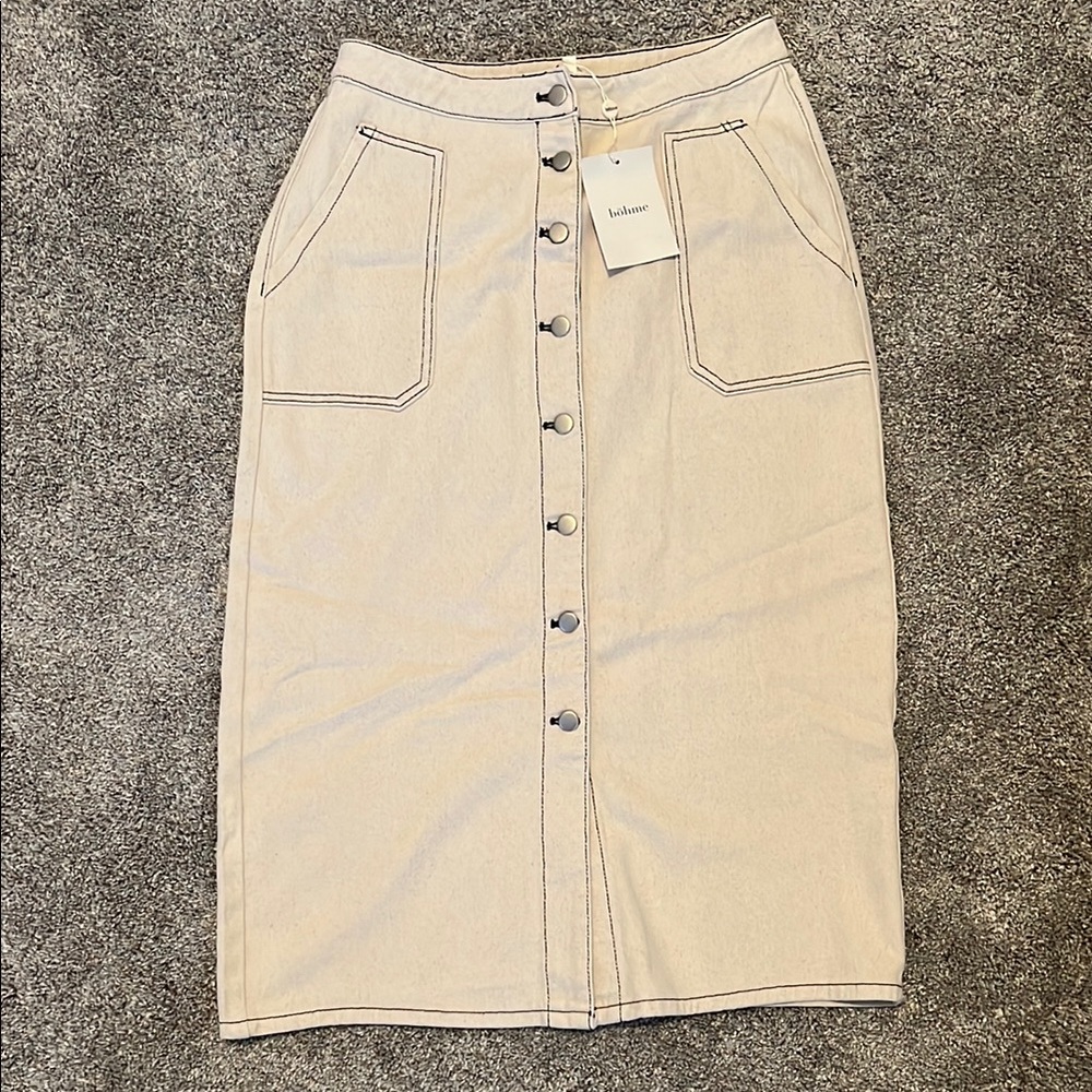 Beige Button-Front Midi Skirt